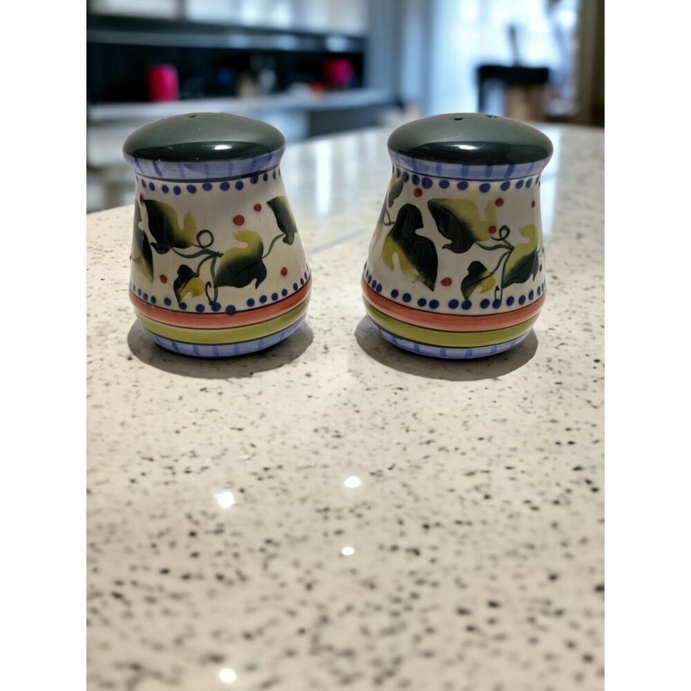 Vintage Ceramic Blue Ridge Salt & Pepper Shakers Multi-color Green Vines